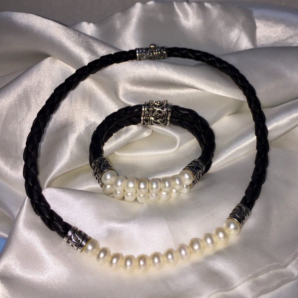 HONORA NECKLACE & BRACELET PEARL, LEATHER, SS SET